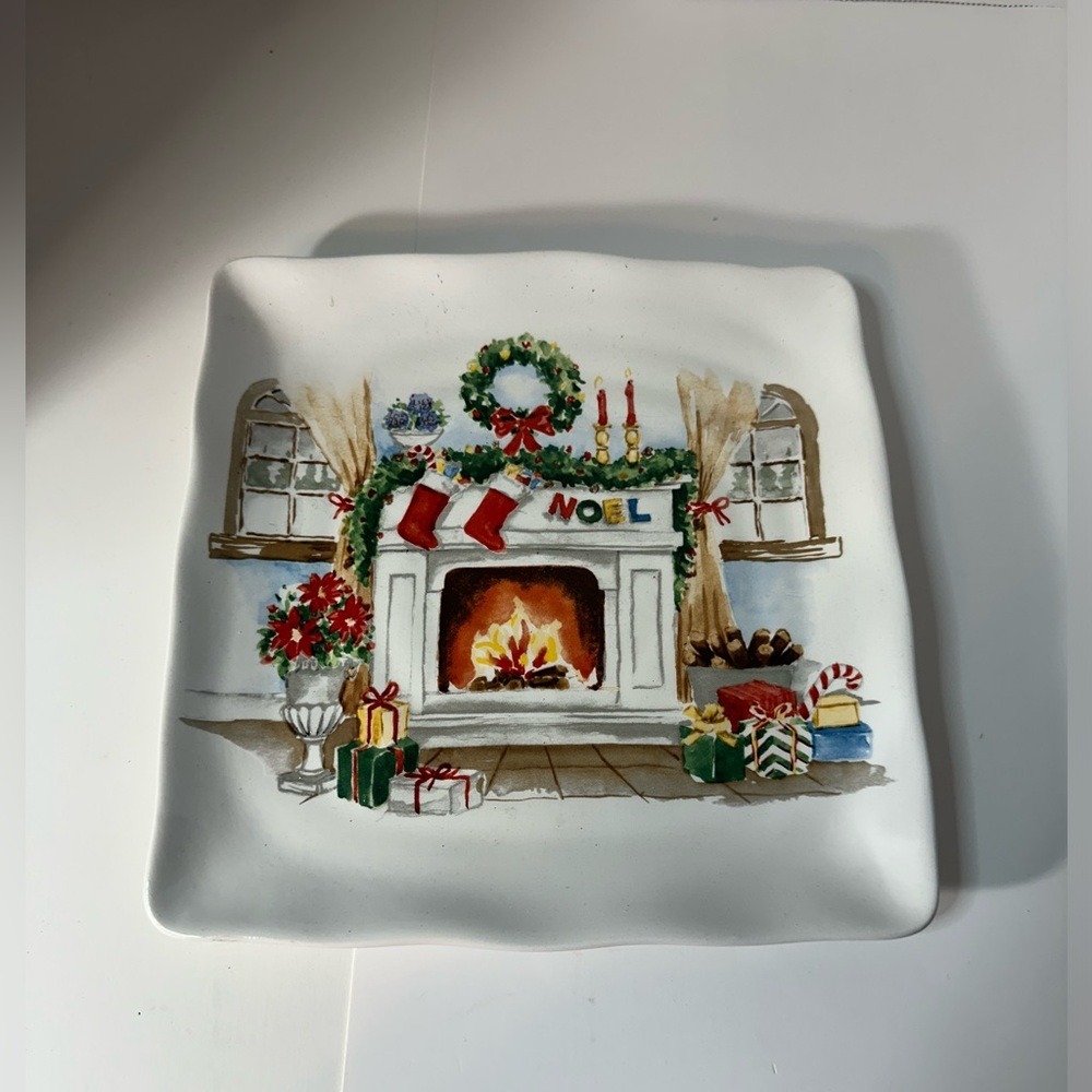 Maxcera Christmas Fireplace Noel Square‎ Ceramic Salad Appetizer Plate 8.5 Inch